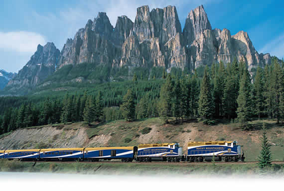 Rocky Mountaineer snaking around a mountain